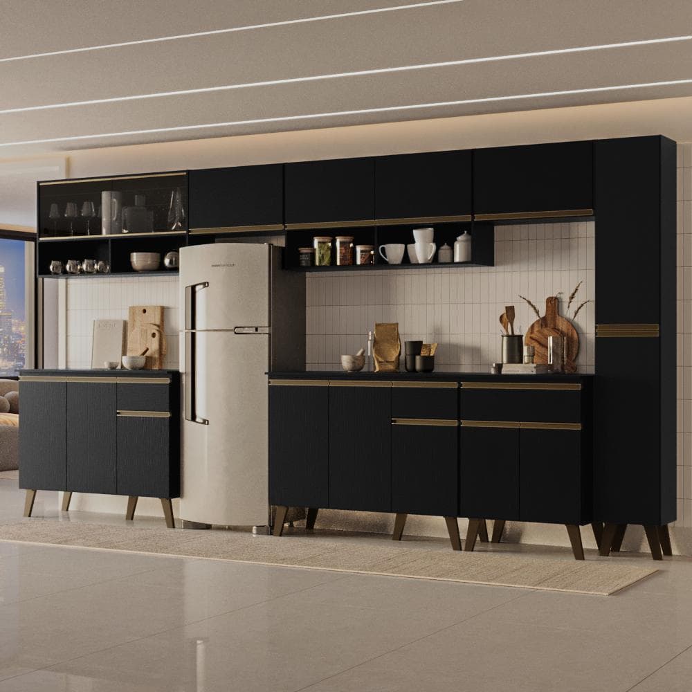 Armário de Cozinha Completa Atlanta Terrace com Vidro Carraro Preto Touch