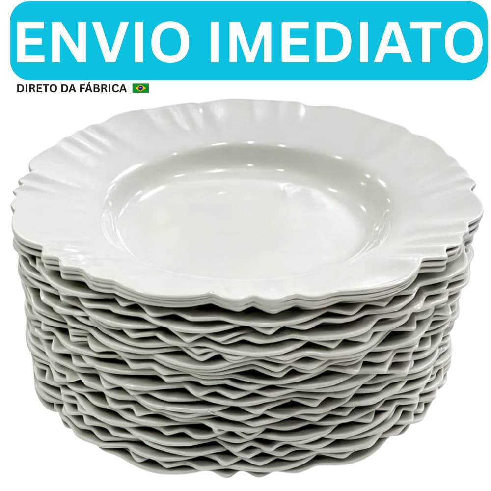 Kit  50Prato Fundo com Borda Branco Refeição Churrasco Festa Pratos Plastico