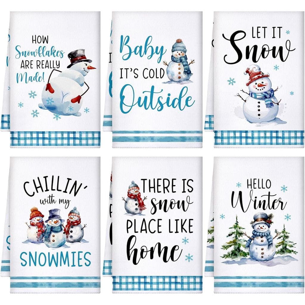 Ganeen 6 Peças de Toalhas de Cozinha de Natal com Boneco de Neve, Toalhas de Mão de Inverno com Flocos de Neve Azuis, To