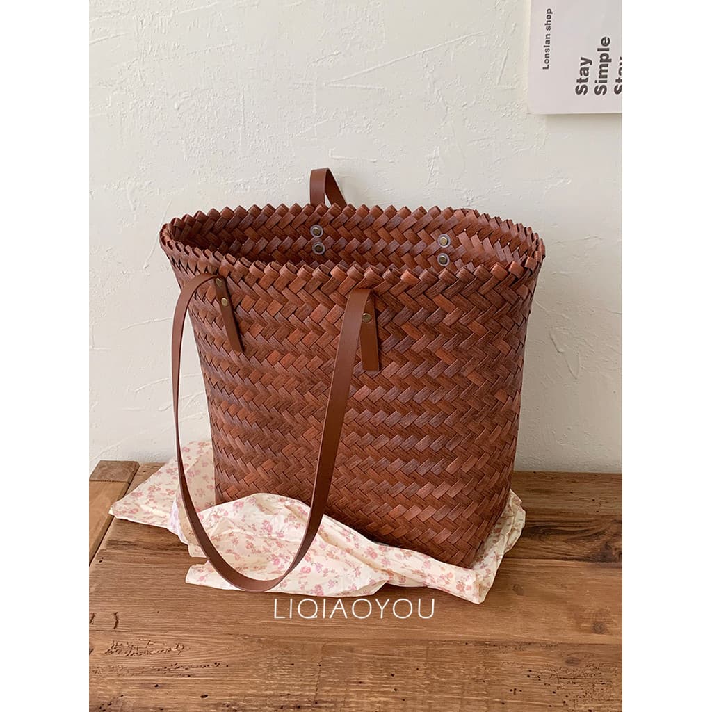 Li Qiaoyou Retro Preguiçoso Francês Rattan-como Sacola Feminina Grande Capacidade Férias Estilo Pastoral Um Ombro