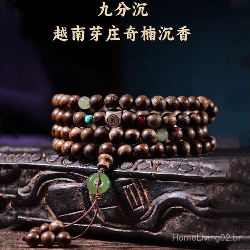 Pulseira genuína de agarwood vietnamita Qinan, resistente à água, 108 contas, pulseira decorativa multi-loop para homens