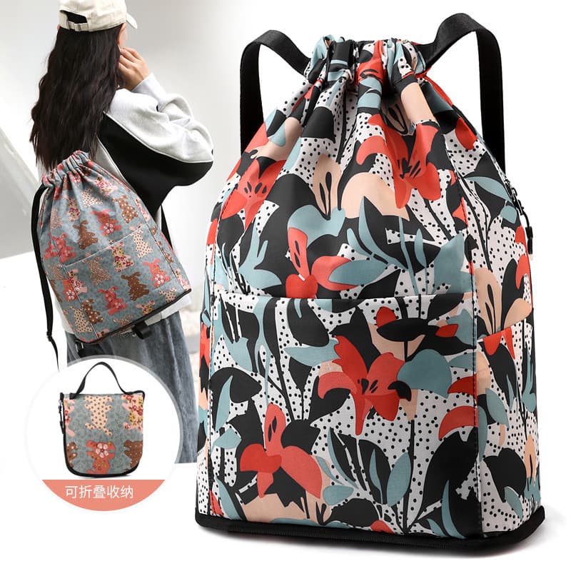Flor cor pano macio mochila Ultra-leve fino dobrável pequeno saco grande capacidade esportes ginásio saco cordão saco de