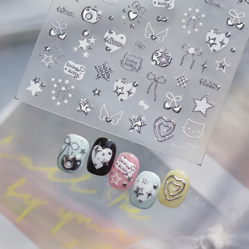 Metálico doce legal Manicure adesivos bonito dos desenhos animados estrelas amor gatos gato unhas adesivos decorativos t
