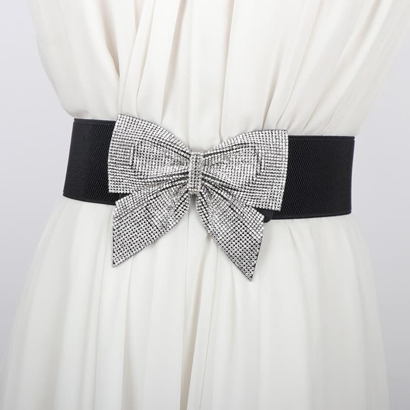 Senhoras elásticas cinto moda All-Match vestido elástico cinto preto novo estilo strass decoração arco saia