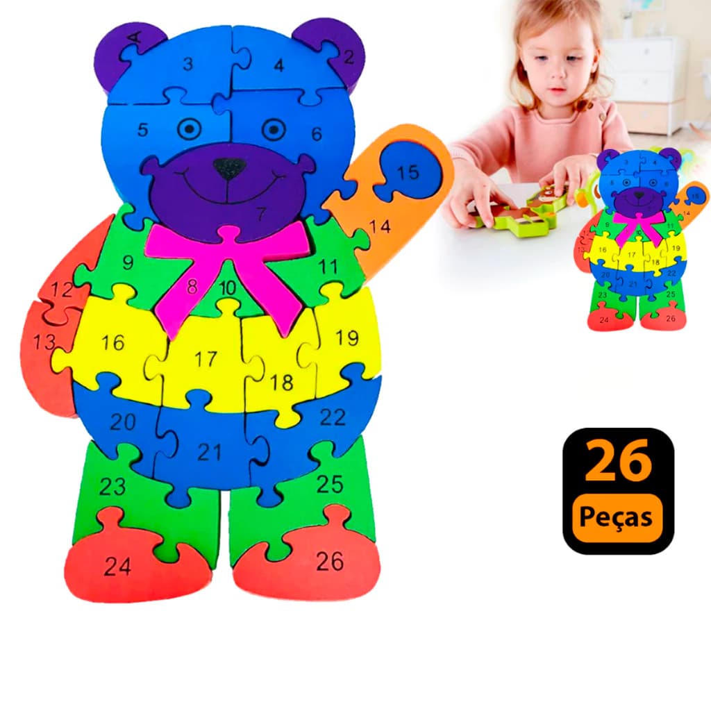 Quebra-cabeça de Urso de Madeira Infantil Educativo Montessori Com 26 Pçs Brinquedo Didático animal