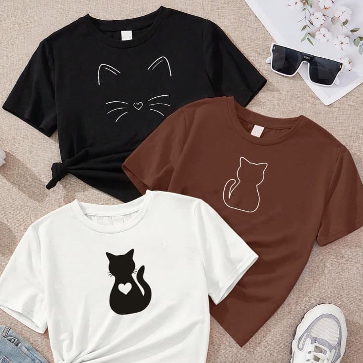 Blusa Feminina Kit de 3x ou 1x Camisetas Estampada Minimalista Algodão Macio Para Ocasião