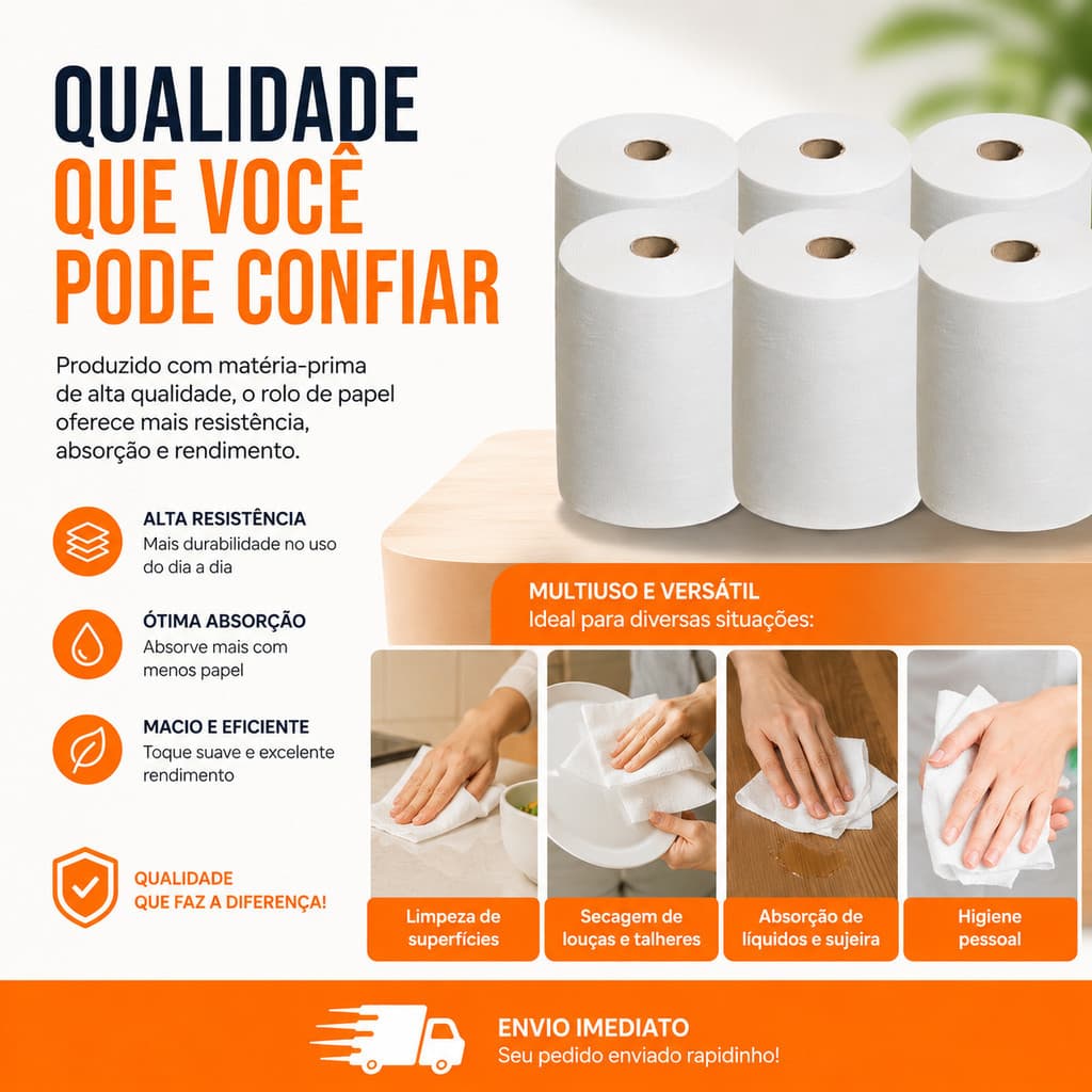 6 Rolos de Papel Toalha Bobina branca 20x200 mts