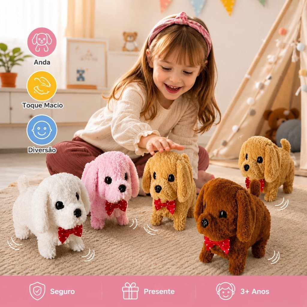 Cachorro Elétrico De Pelúcia Brinquedo Infantil Que Anda E Mexe Cachorrinho Com Laço Andante Interativo Divertido