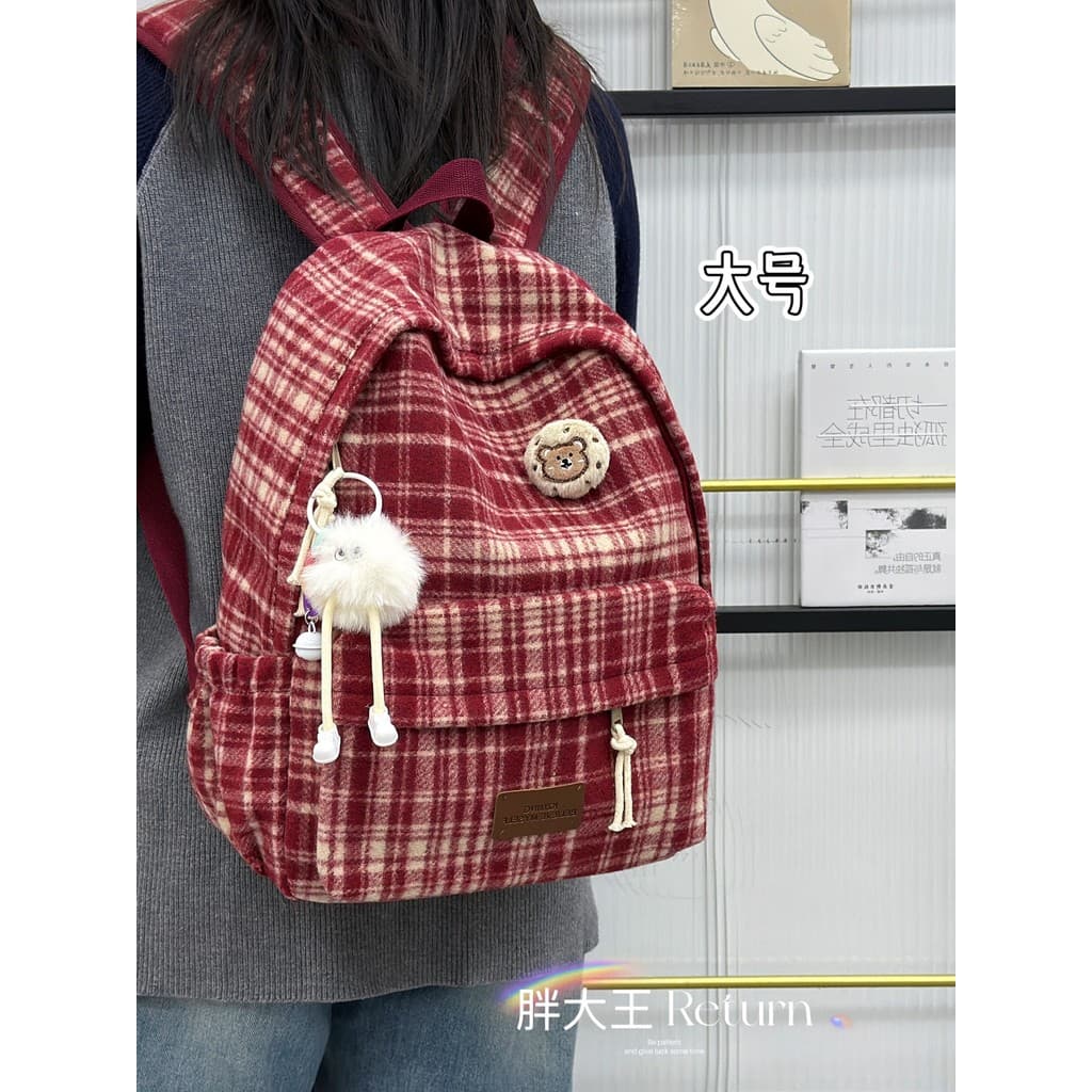 Mochila xadrez de lã feminina, estudantes do ensino médio, mochila de classe de grande capacidade, viagem simples