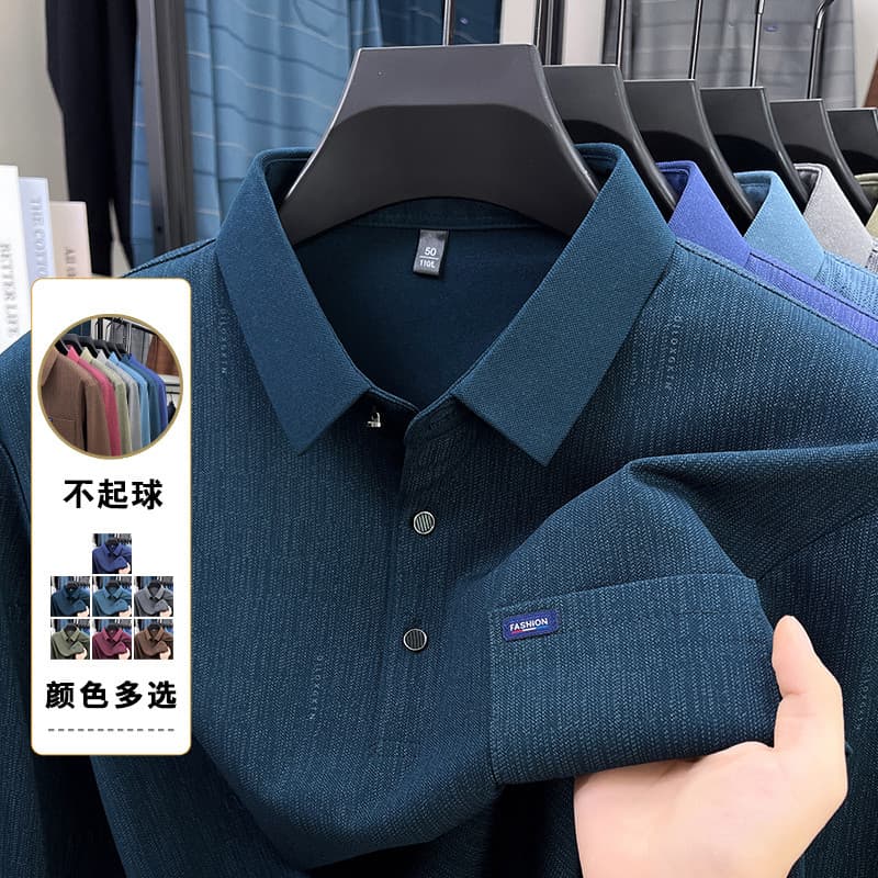 2026 primavera outono camisa polo de manga comprida novo estilo pai outono High-End topo de meia-idade idosos bolso topo