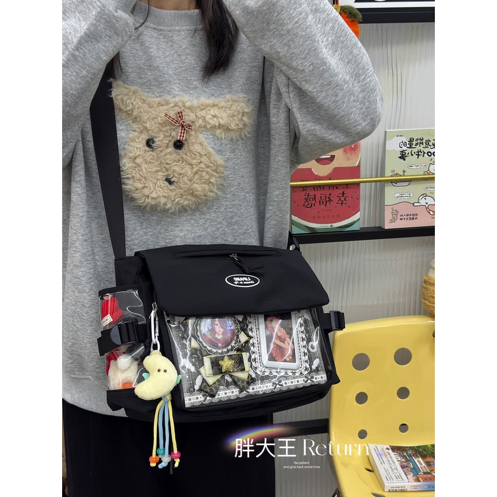 Bolsa de dor preta para estudantes do ensino médio, estilo menina, bolsa mensageiro fofa, bidimensional, grande capacida