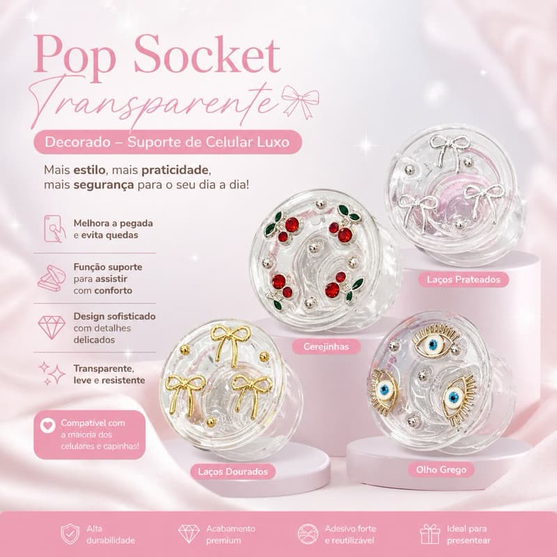 Pop Socket Transparente Decorado – Suporte de Celular Luxo
