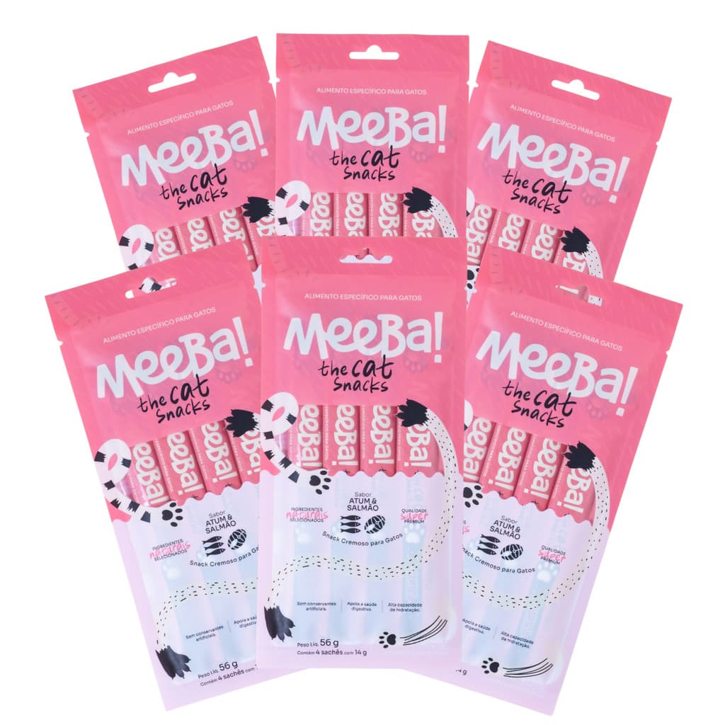 Kit 6 Petisco Úmido para Gatos Snack Natural Cremoso Hidratação Atum E Salmão 24 Sachê 14g Meeba
