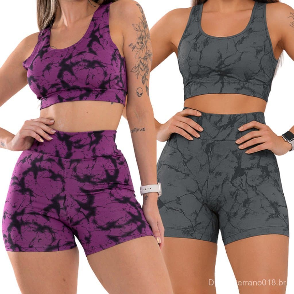 Kit 2: Conjunto de Shorts e Top Tie Dye para Fitness, Caminhada, Academia, Treinamento Funcional