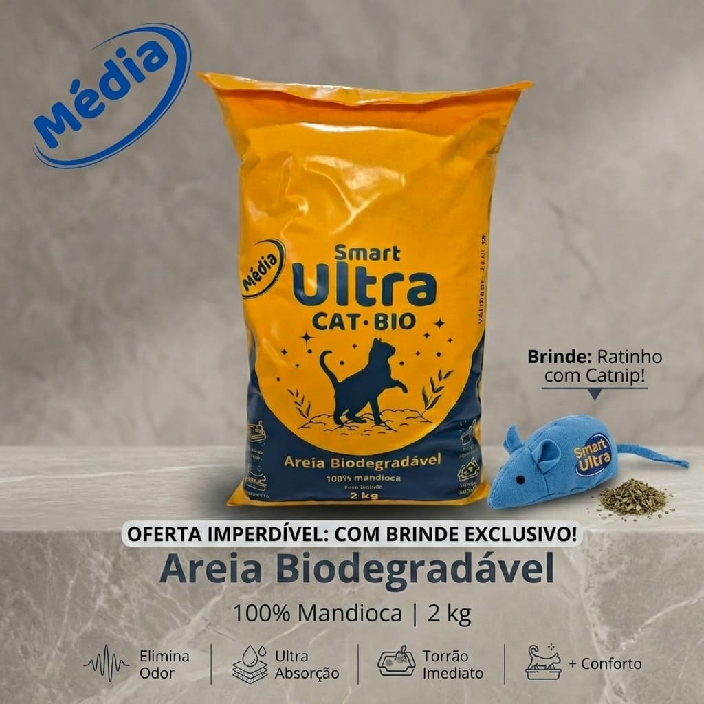 Areia Higiênica Smart Ultra Cat Bio 2 kg - Média + Brinquedo