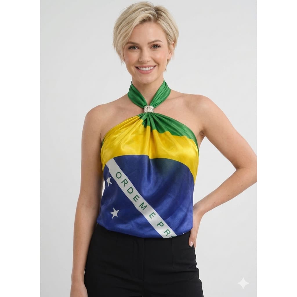 Cropped Brasil Frente Única Bandeira do Brasil Detalhe Dourado Torcida Copa do Mundo Moda Feminina