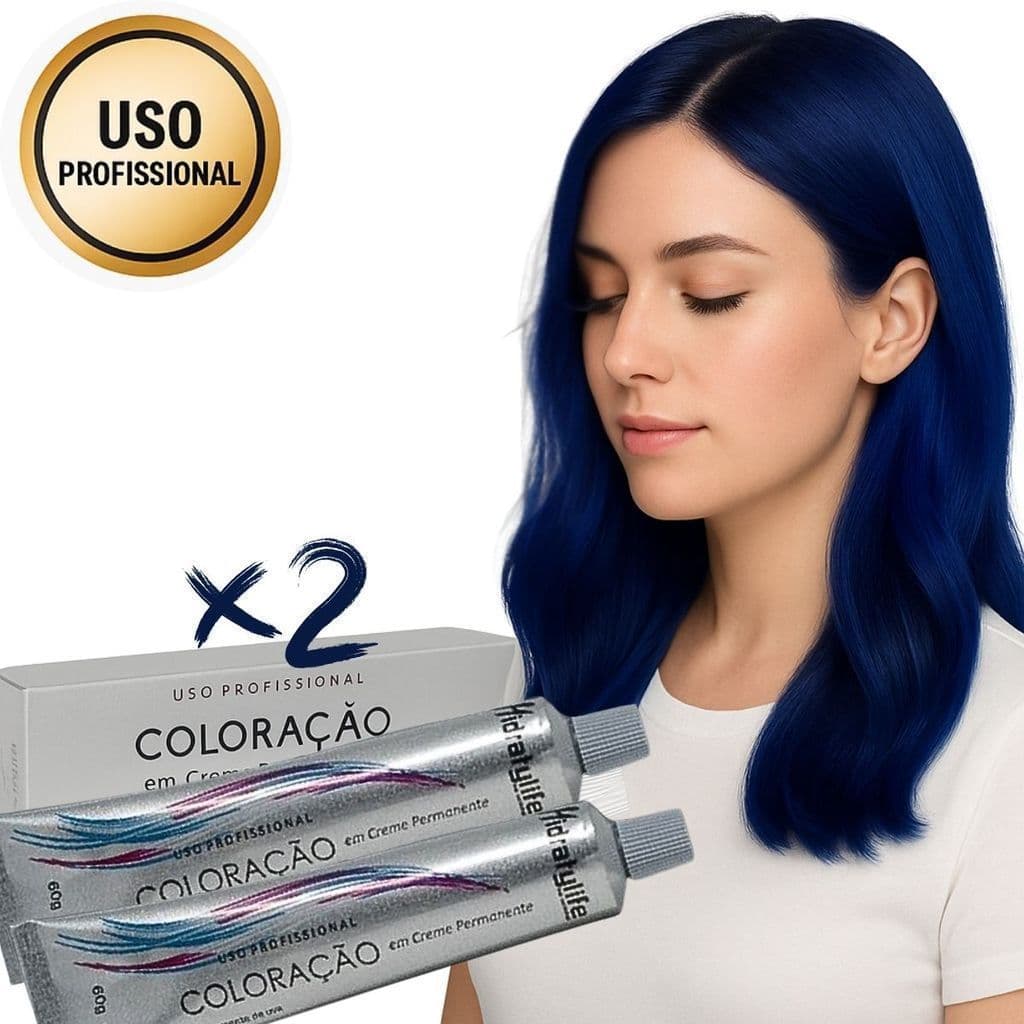 Tinta Azul para Cabelo Creme Permanente 2 Unidades 60g Azul Intenso Alta Fixação e Brilho