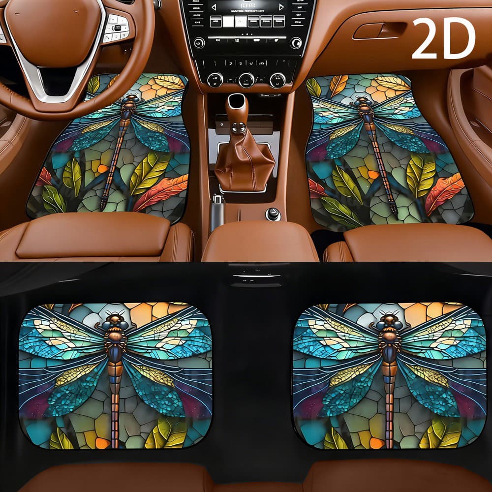Conjunto de 4 peças, tapete para pés de carro, padrão de impressão de libélula, tapete universal para pés de carro, quat