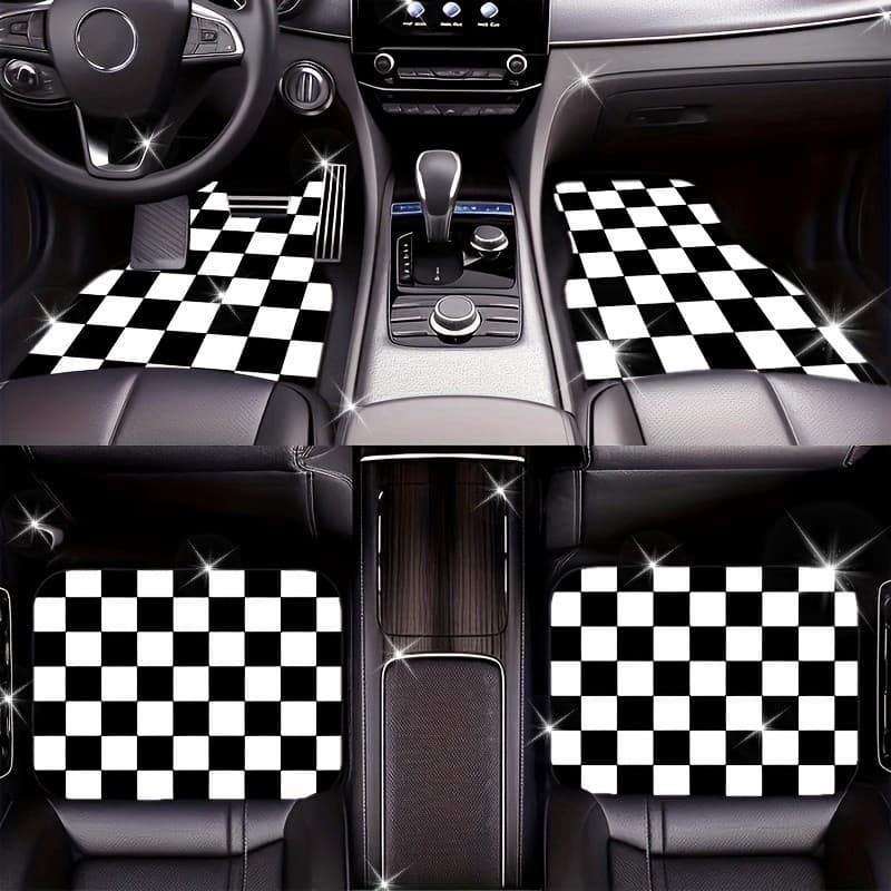 Tapete antiderrapante para carro, 4 unidades, fácil de limpar e design inferior antiderrapante, preto e branco, design i