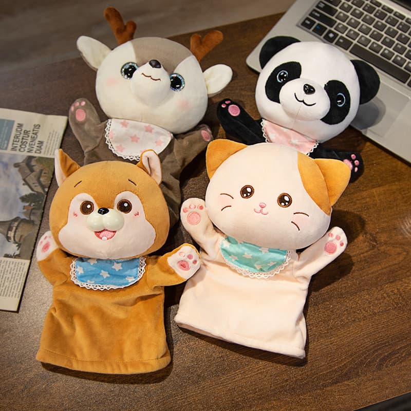 Fantoche de mão Animal fofo transfronteiriço, brinquedo de pelúcia, boca móvel, adereços de desempenho de jardim de infâ