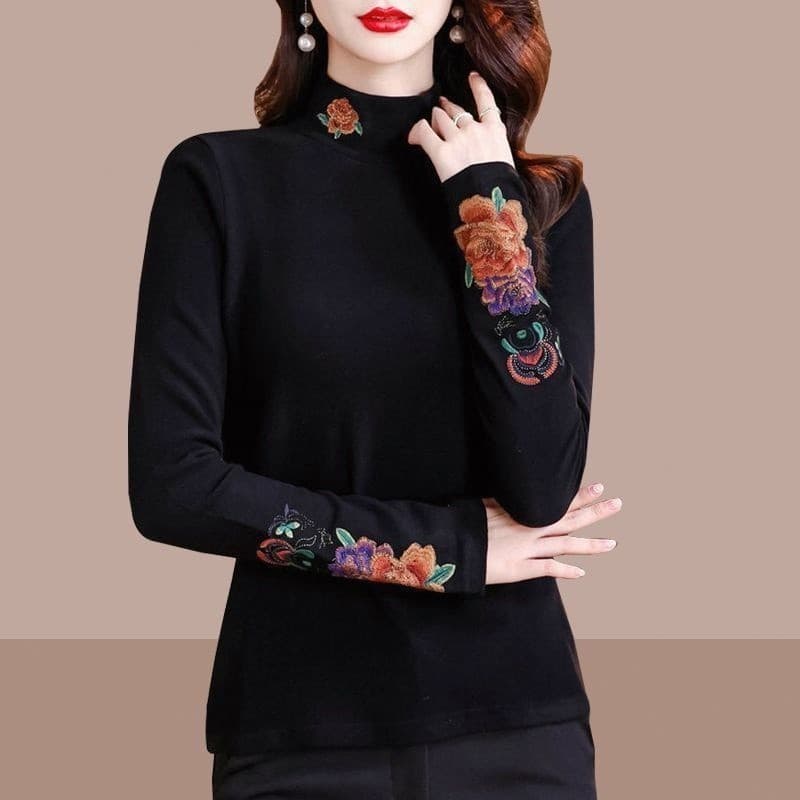 Novo estilo chinês bordado alemão veludo meia gola alta camisa de fundo senhoras outono inverno novo estilo tamanho gran