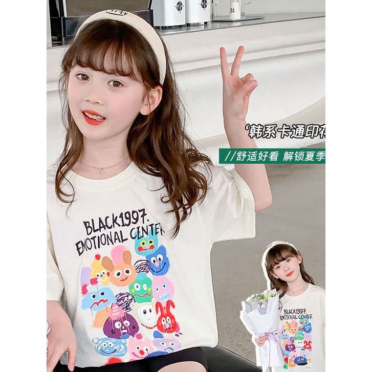 Algodão puro médio grande roupas infantis moda 2026 verão novo estilo roupas infantis impressas camiseta Casual infantil