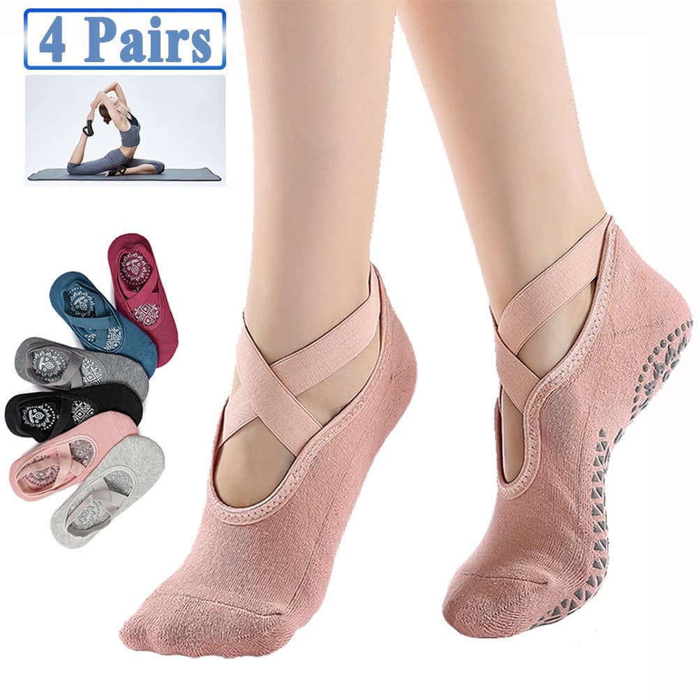 4 Pares De Meia De Ioga Antiderrapante Feminina Com Alça Para Pilates/Barre/Ballet/Dança/Treino