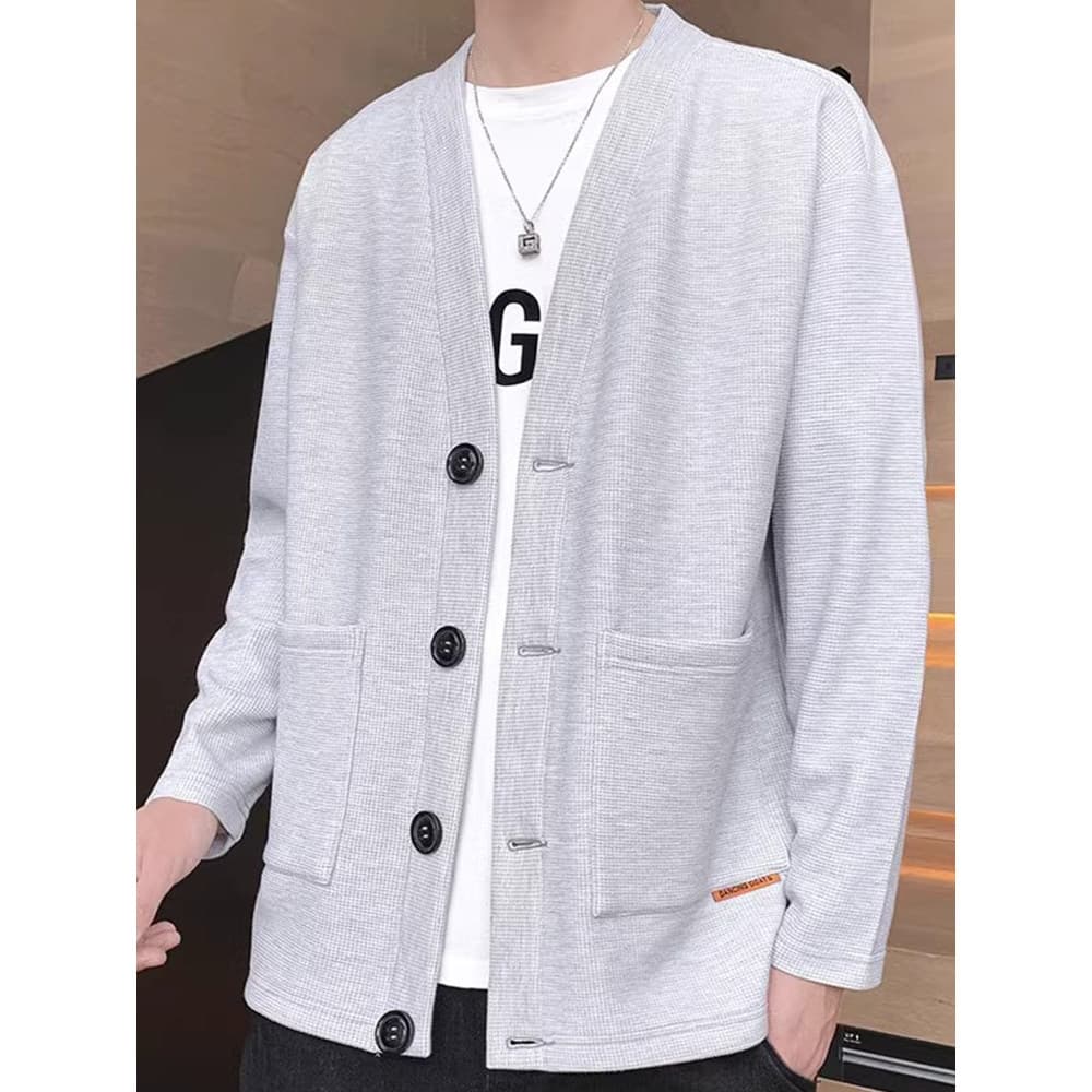 Waffle Cardigan moletom jaqueta 2026 outono Street Wear jaqueta solta masculina sem gola bonito All-Match outono topo