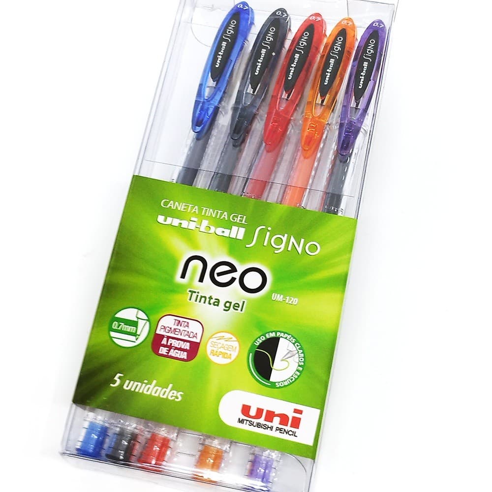 Kit Caneta Gel Signo Neo Uni-ball Estojo c/5 Cores UM-120 Papelaria Material Escolar