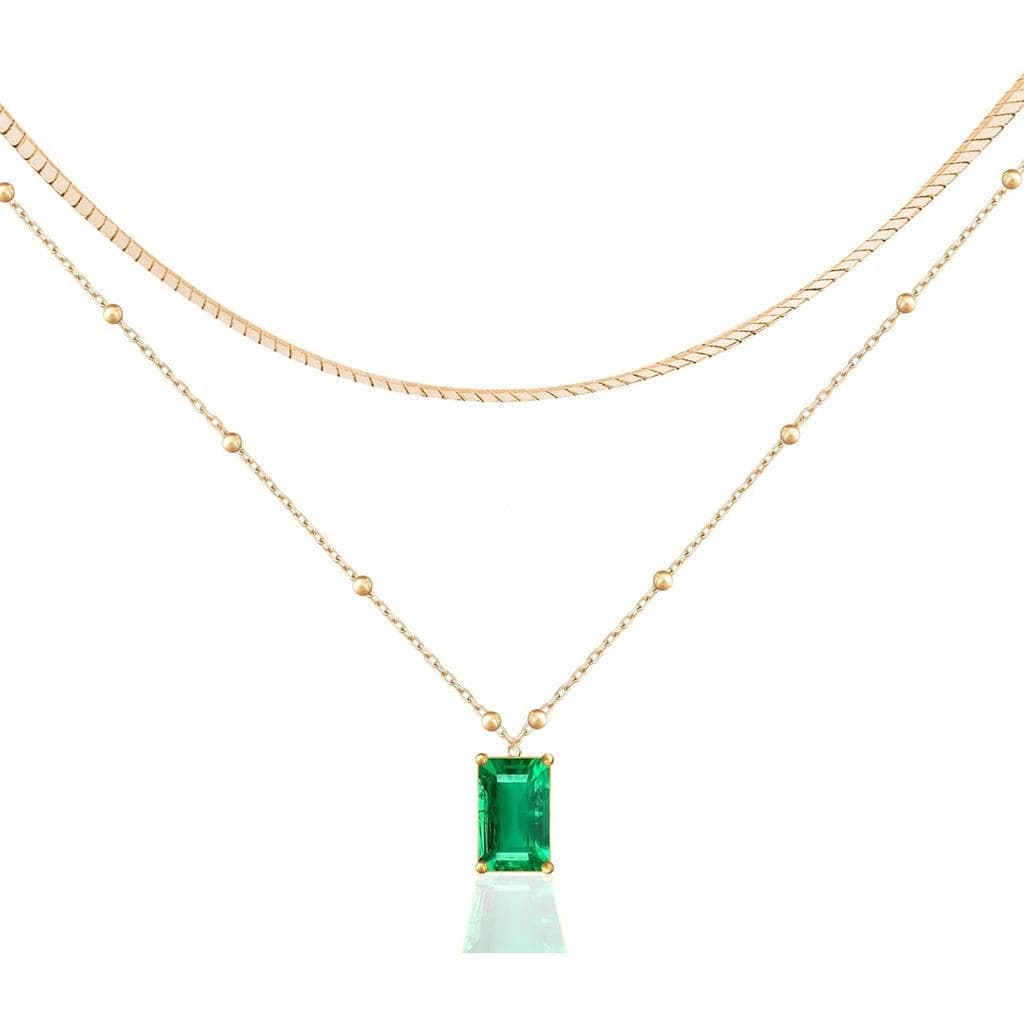 Colar multicamadas banhado a ouro 14K, pingente retangular verde escuro de esmeralda, colar multicamadas feminino, decor