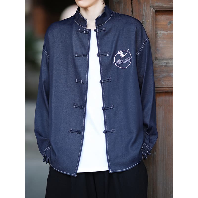 T Tang terno novo estilo chinês Denim camisa de manga comprida estilo chinês guindaste bordado Retro fivela Zhongshan te