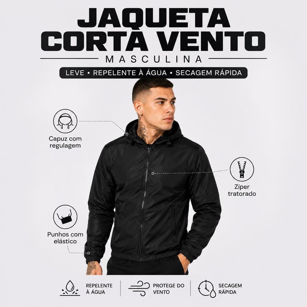 Corta Vento Masculino Preto Tactel Nylon Leve Secagem Rápida Repelente à Água Moto Bike P ao GG