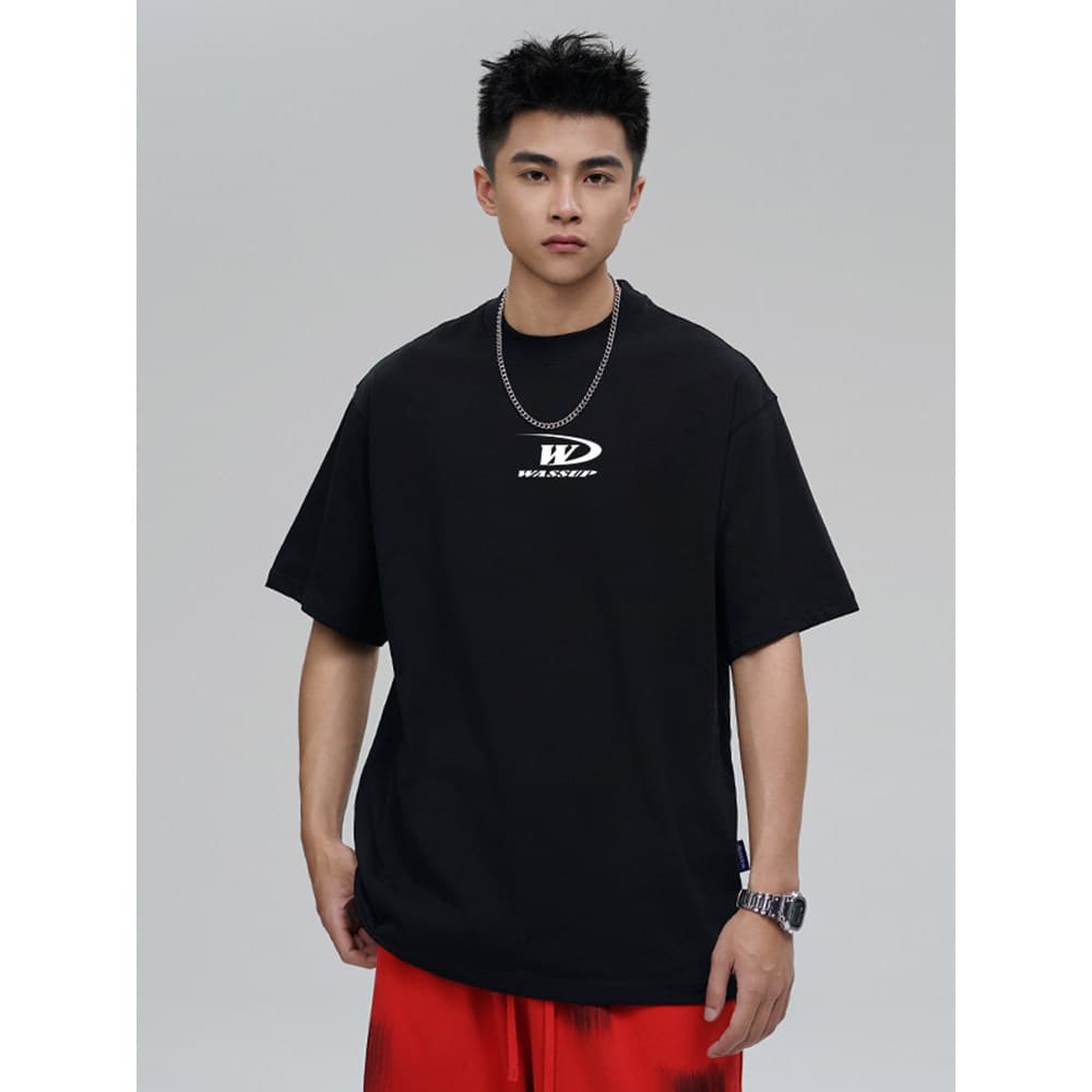 WASSUP Básico Letra W Camiseta de Manga Curta Simples All-Match Verão Novo Estilo Homens Mulheres Em Torno Do Pescoço Ca