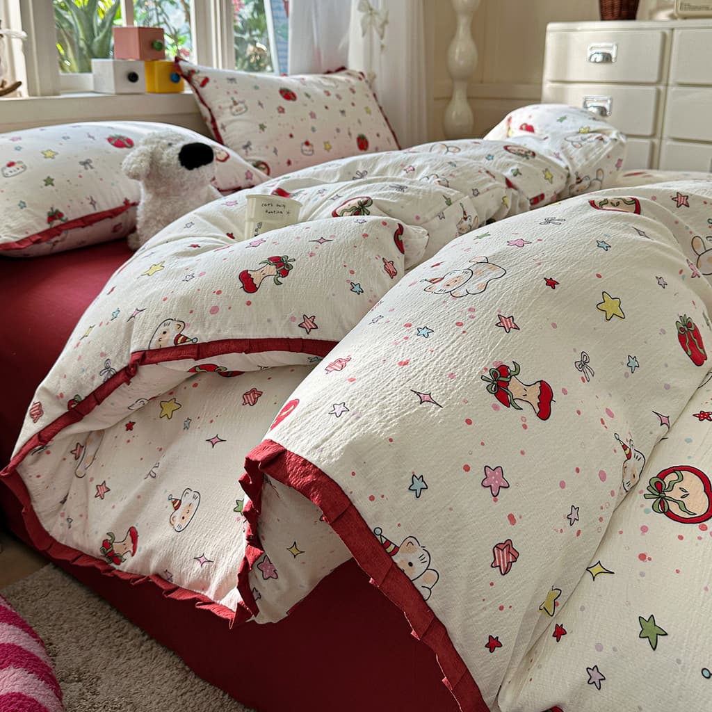 Conjunto de cama de algodão macio ceroso Puff, quatro peças, bonito, menina, coração, colcha, lençol, dormitório estudan