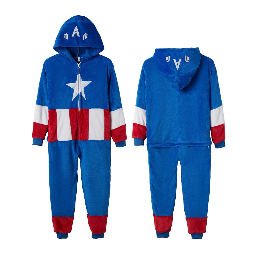 Unissex Kigurumi Capitão América Dos Desenhos Animados Pijamas De Flanela Feminino Masculino Com Capuz Macacões Animais