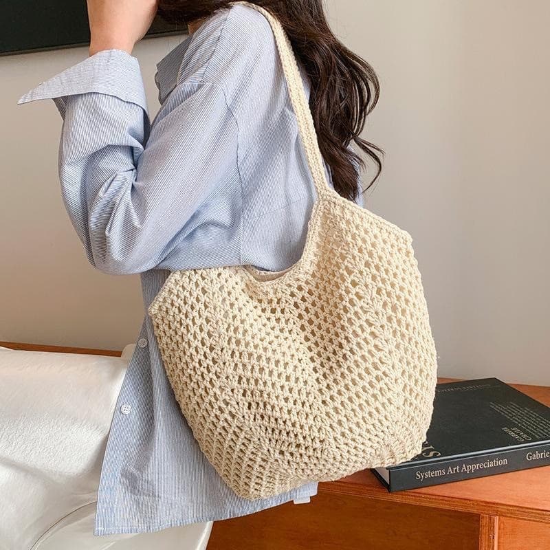 Preguiçoso Tote novo estilo Casual beira-mar praia bolsa de ombro palha artesanal grande capacidade férias tecido oco