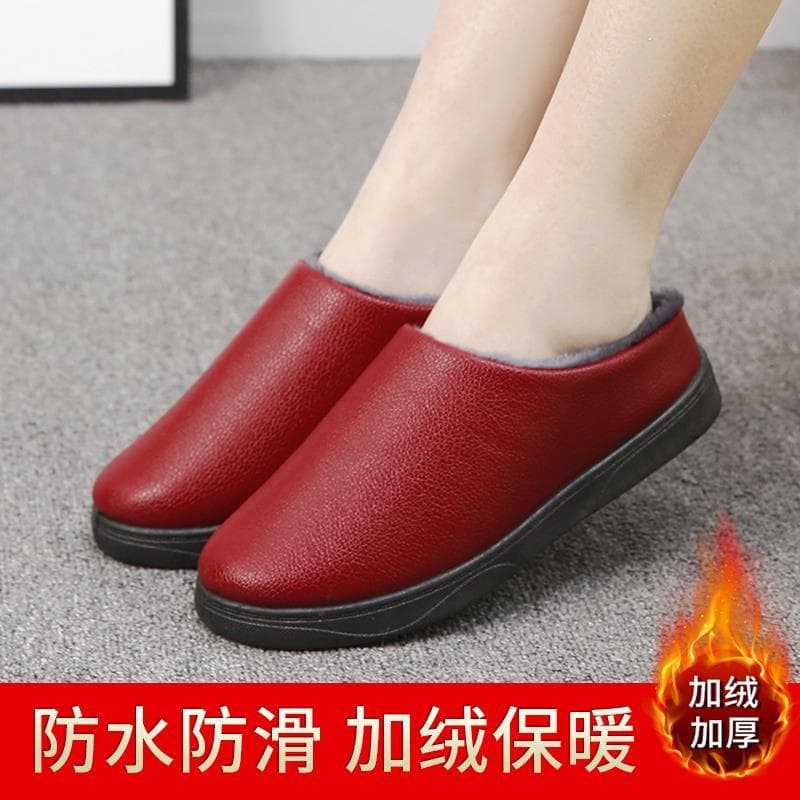 Outono inverno chinelos de algodão feminino forro de lã impermeável antiderrapante superfície de couro do plutônio quent