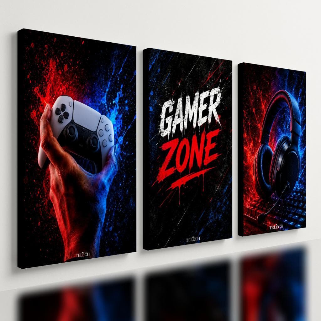 Kit 3 Quadro Decorativo Gamer Zone Controle Headset Setup