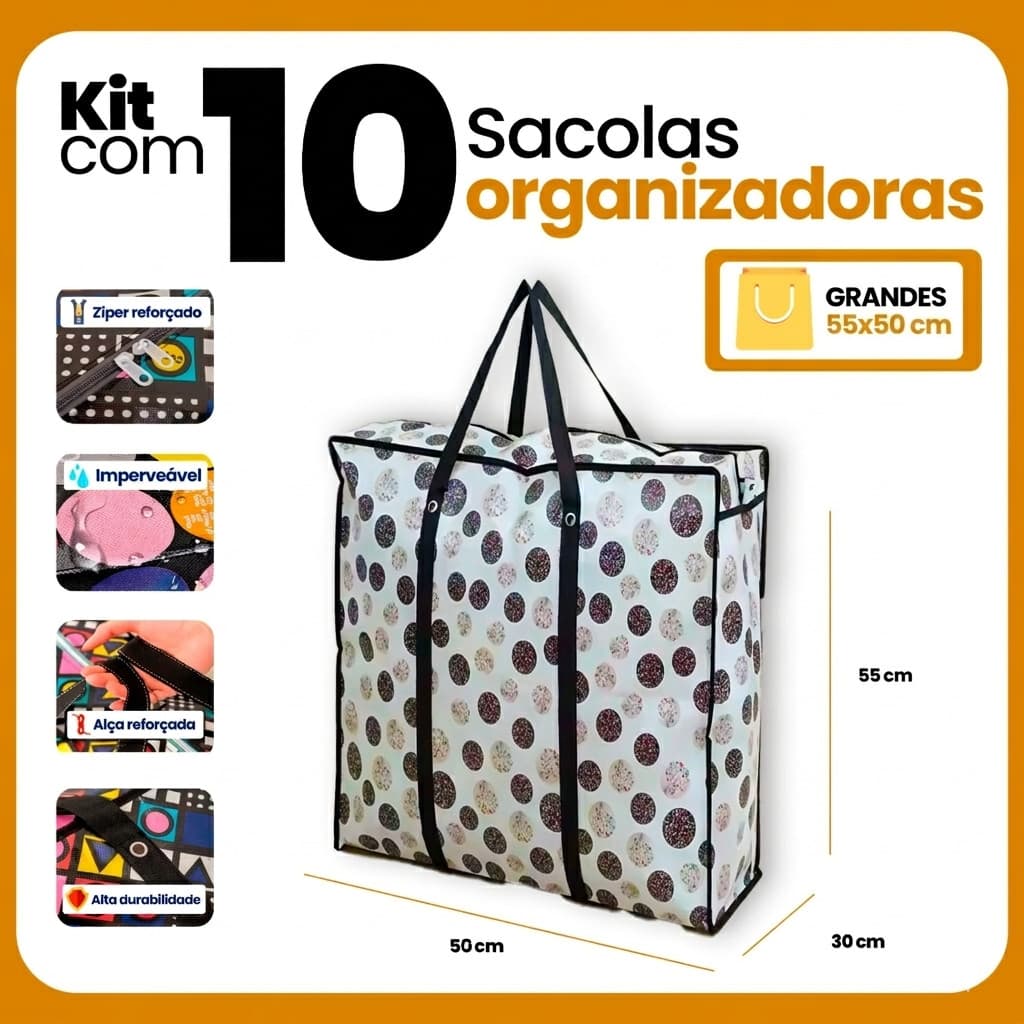 Kit 10un Sacola GG Bolsa Sacolão Viagem Transporte  Zíper Alça Reforçada Feira Férias Mochila Bag