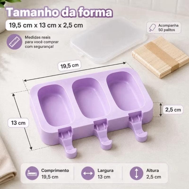 ￼kit Forma De Picolé Sorvete Silicone Magnum Formato Normal Lisa Com 50 Palitos