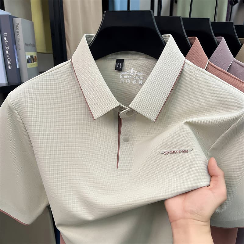 Camisa Polo verão luz luxo gelo seda sem costura camiseta de manga curta masculina de meia-idade