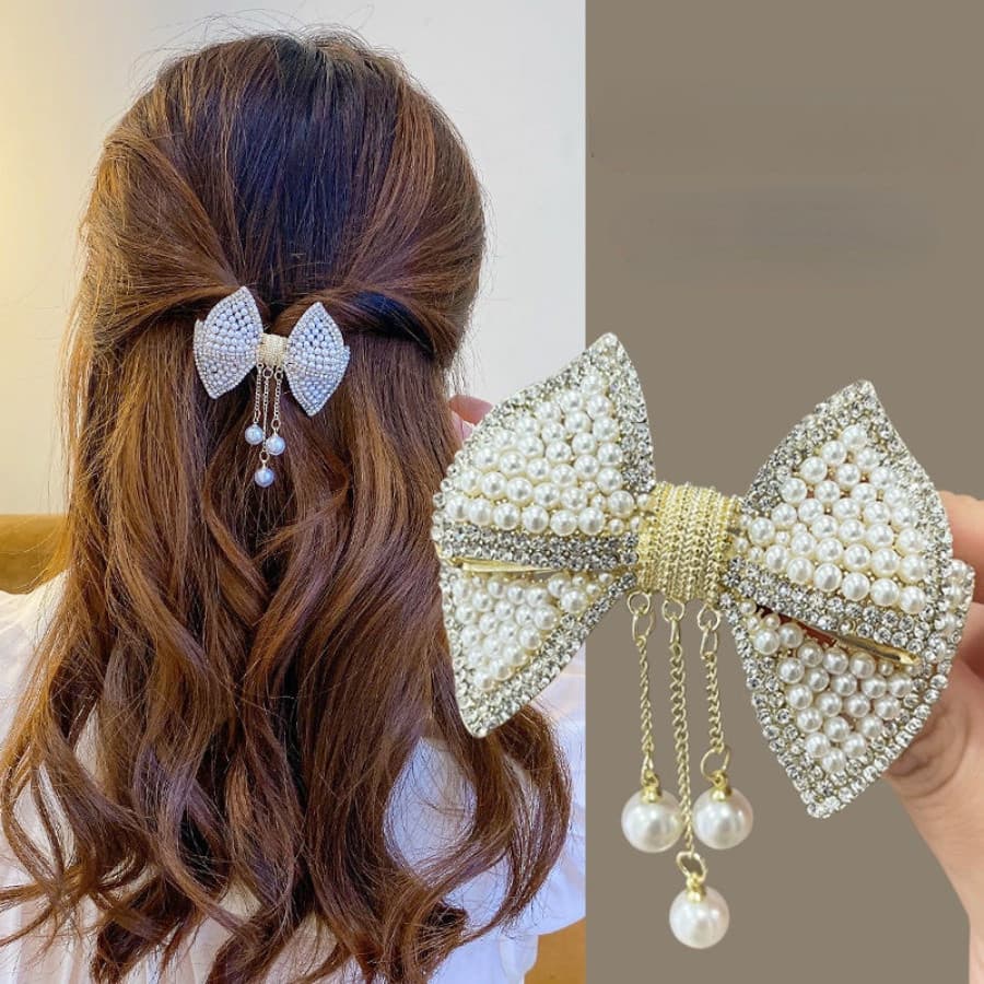 Coreano Completo Pérola Strass Grampo De Cabelo Metal Arco Contas Borla Hairpin Mulher Elegante Acessórios Para O