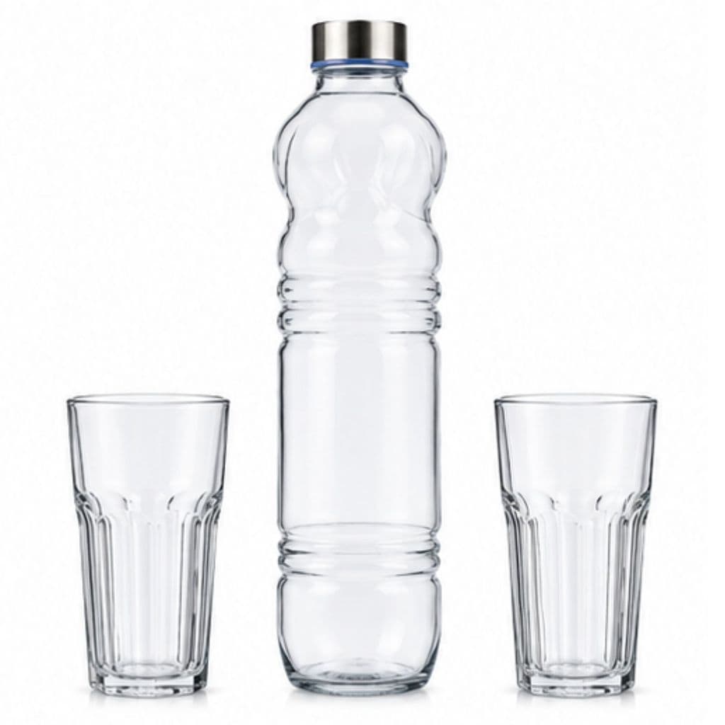 Garrafa Vidro 1L com 2 Copos Vidro Kit  Class Home H2O