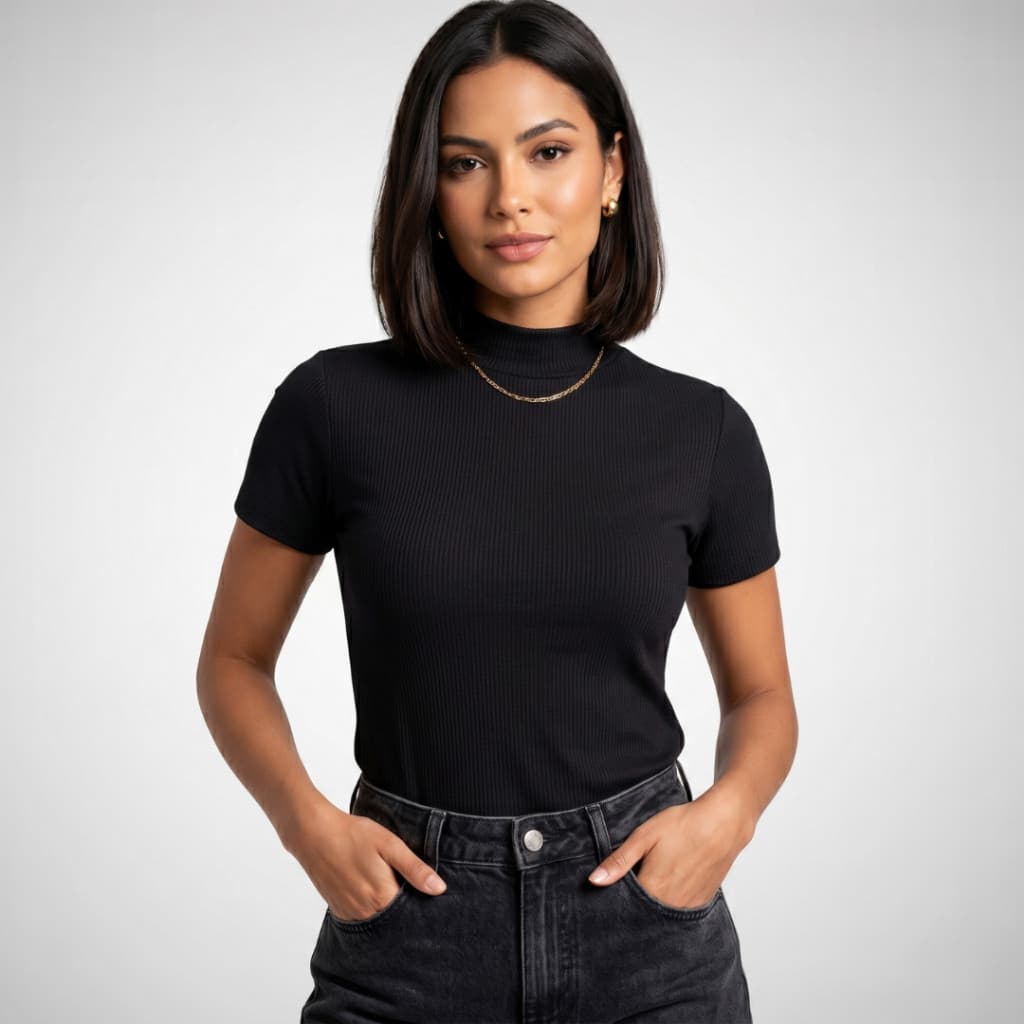 Blusa Feminina Canelada Premium Manga Curta Gola Alta Elegante Slim Estilosa Básica Sofisticada