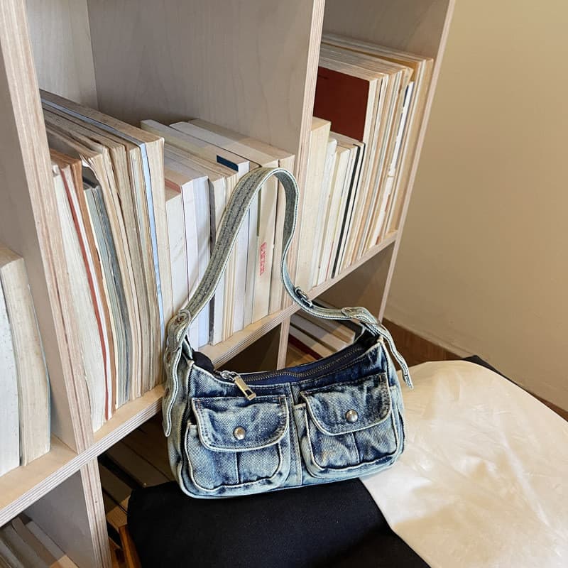Bolsa Feminina Jeans Baguete Axila Ombro Mao Pequena Casual Retro Denim Vintage Casual 24cm 2026