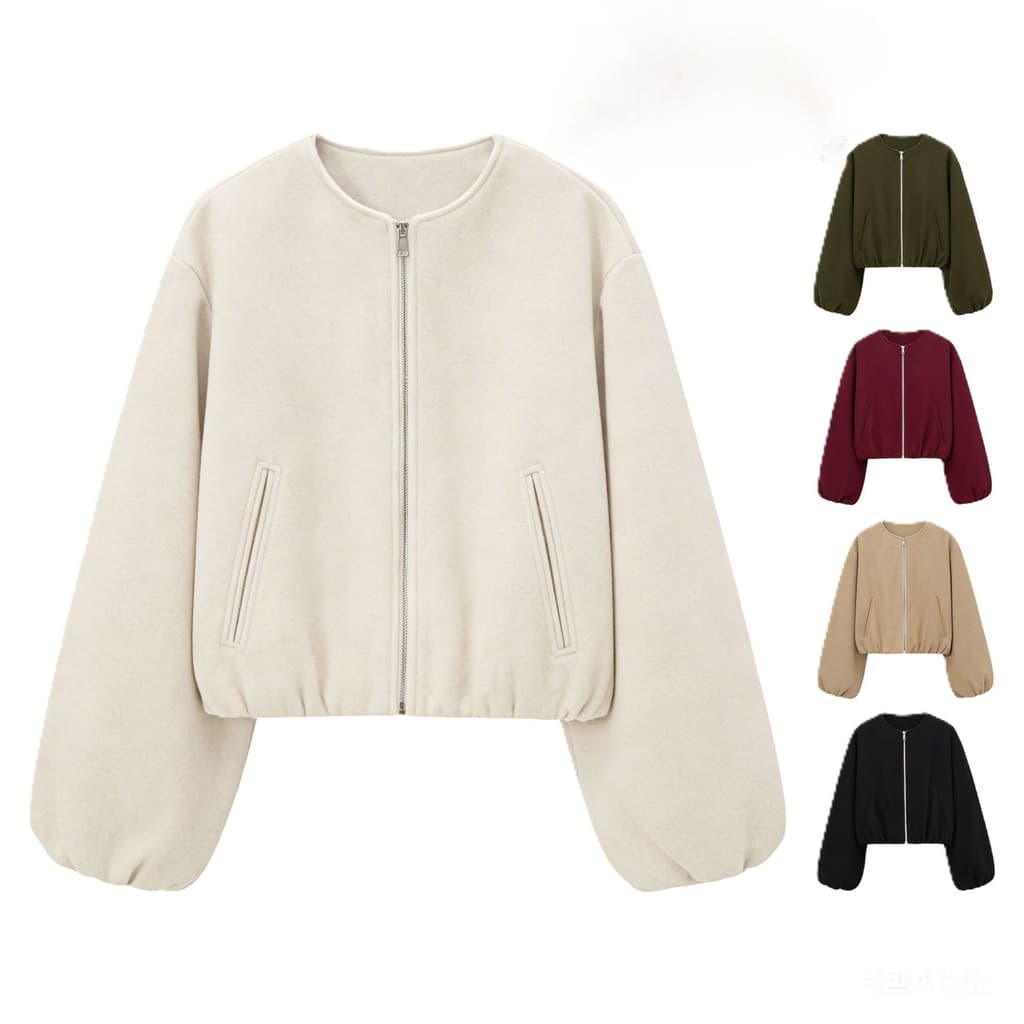 Primavera Outono Moda Feminina Jaqueta De Lã Casual Manga Longa Zíper Curta Streetwear