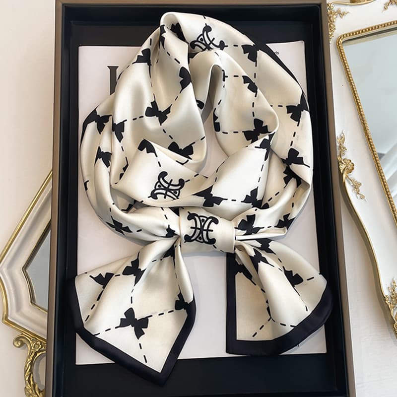 Lenço de seda listrado longo pequeno laço branco feminino primavera outono pescoço proteção cachecol combinando camisa f