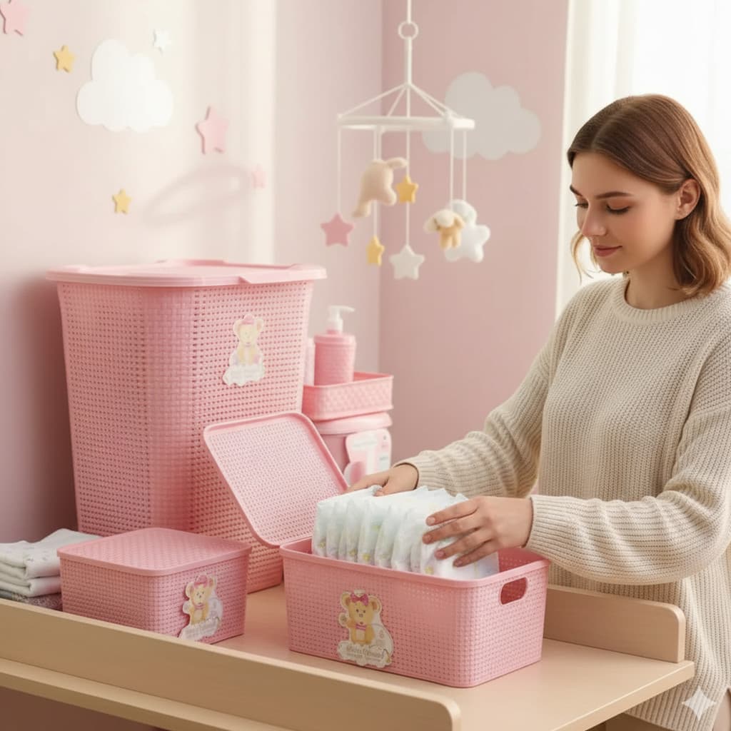 Kit Organizador Quarto Bebê completo Rosa Rattan Cesto Lixeira Caixa Multiuso