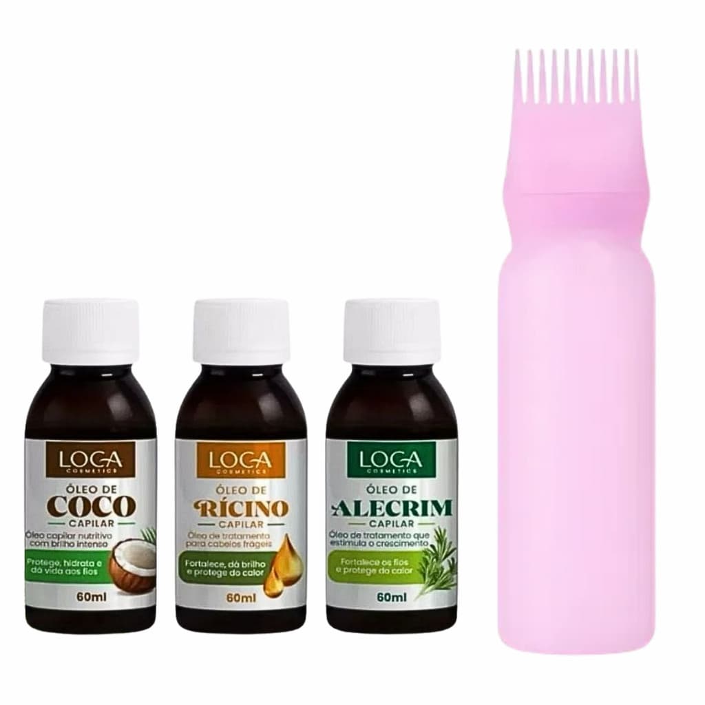 Kit Umectação Terapia Capilar Misturinha Óleo de Coco, Óleo de Rícino e Óleo de Alecrim 60ml + Aplicador - Loca