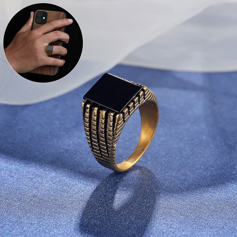 Anel Masculino Aço Inoxidável Pvd Quadrado Preto Lateral Trabalhado Luxo Anel Sinete
